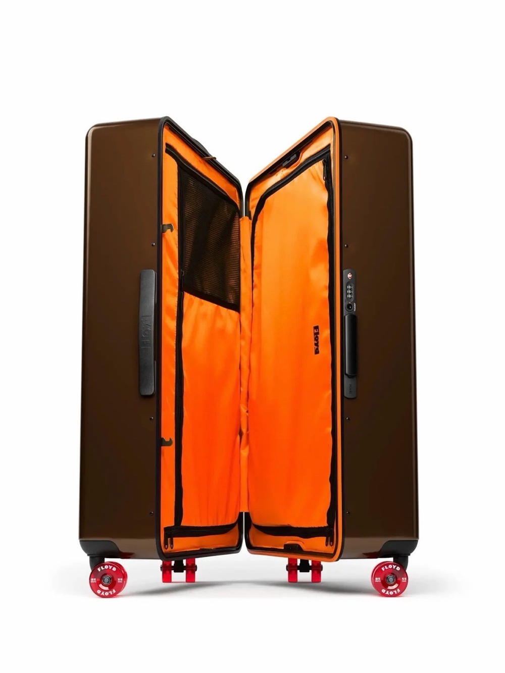 Floyd Brown Hardshell Suitcase with Bright Orange Interior and Red Wheels